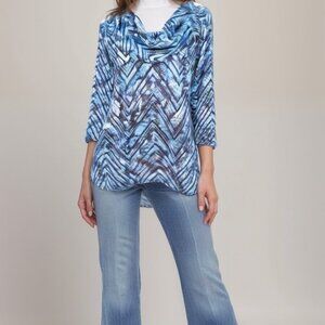 Ruby Rd. Long Sleeve Blue Pullover Top with Tie Up Casual Cowl Neck Size Small